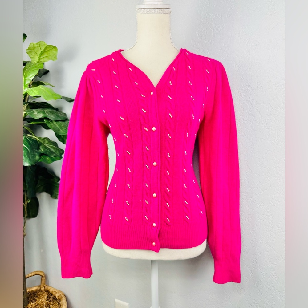 Vintage Vibrant Pink Knit Cardigan Sweater with Embellishments Pearl Lambswool